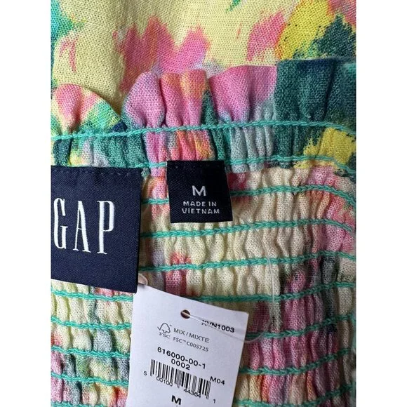 GAP Floral Smocked Dress Medium‎ Linen Cotton Puff Sleeve Colorful Party Cottage - Picture 12 of 13